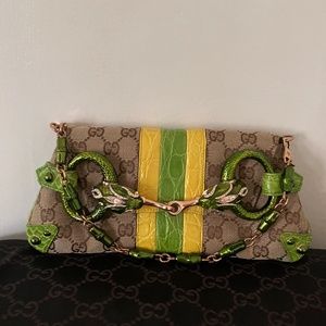 Very rare, vintage Gucci alligator and monogram canvas clutch